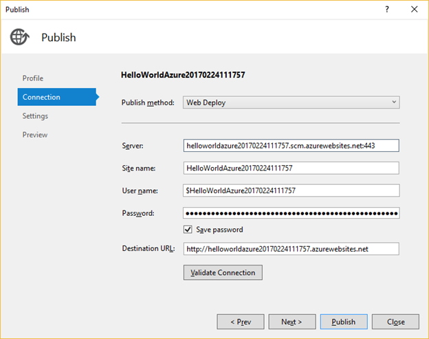 Publish to Azure Dialog