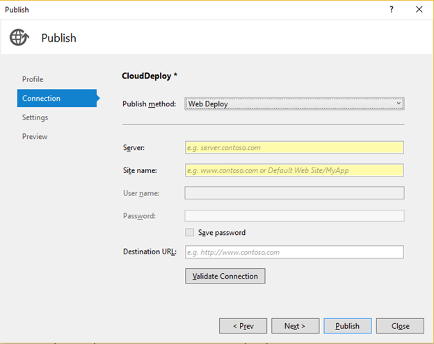 web deploy publish server info