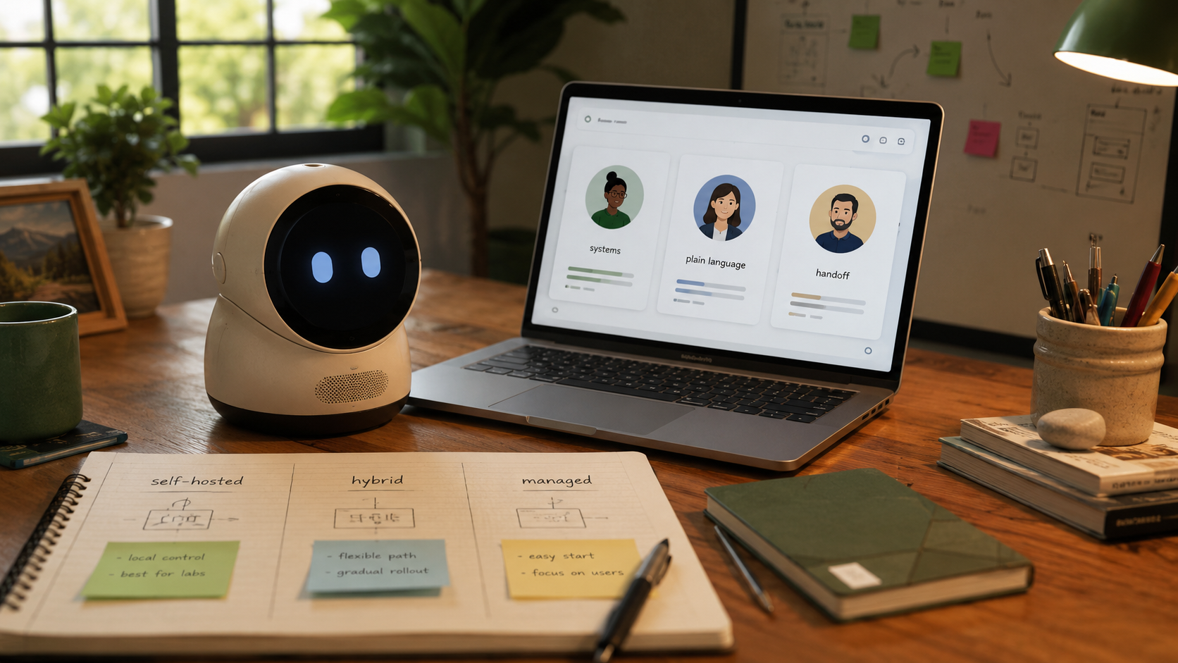 Friendly desktop robot beside a laptop showing three AI collaborator profiles, with notes for self-hosted, hybrid, and managed rollout paths on a desk.