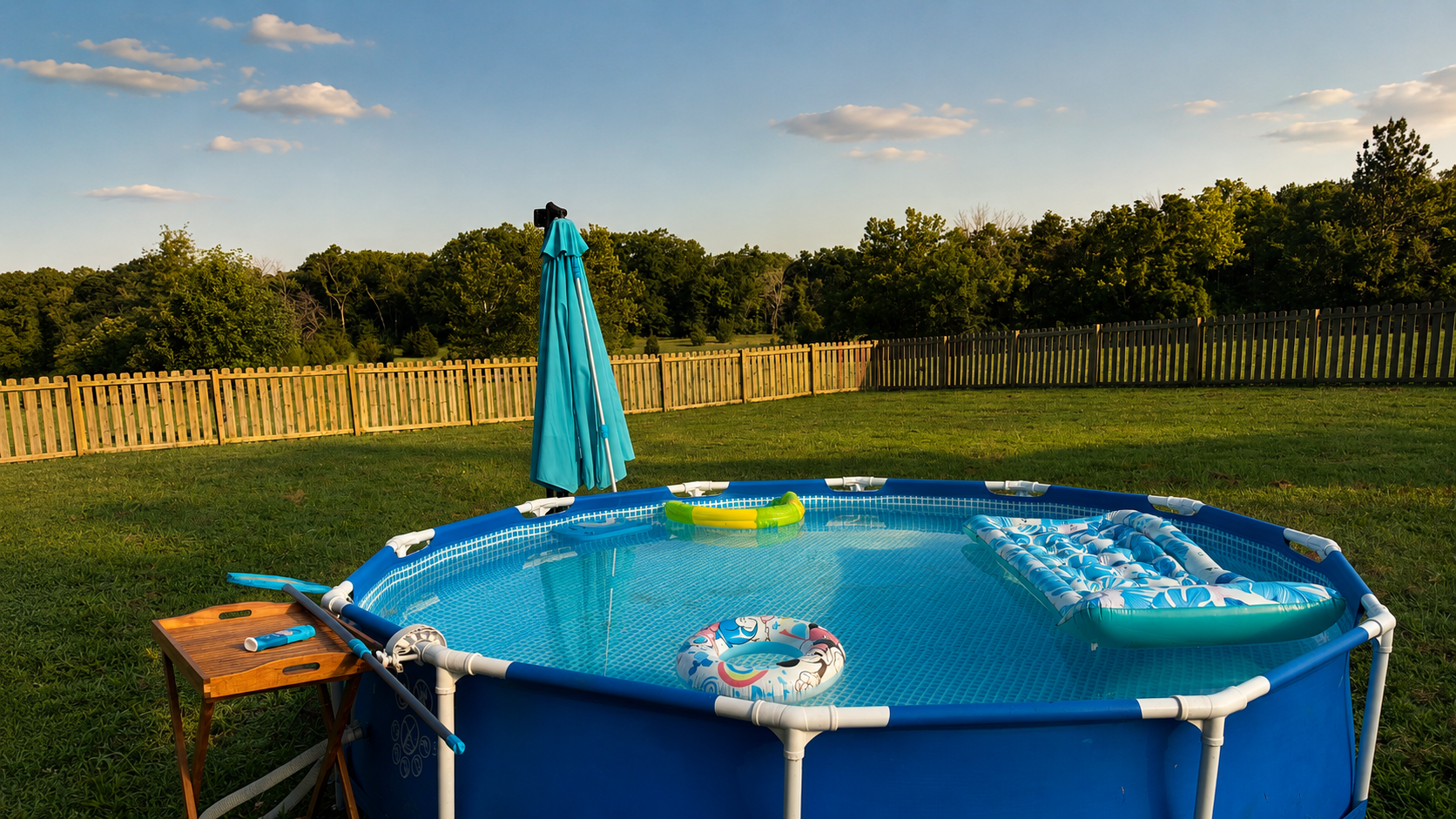 Above-ground backyard pool set up on a sunny summer day with floats, grass, fence, and trees in the background.