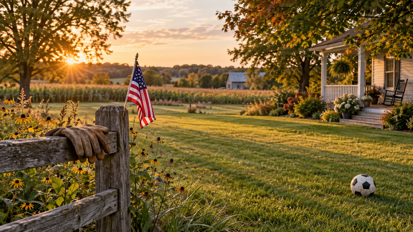 Work gloves and an American flag rest on a wooden fence overlooking a Midwestern yard and cornfield at sunset, with a soccer ball in the grass.