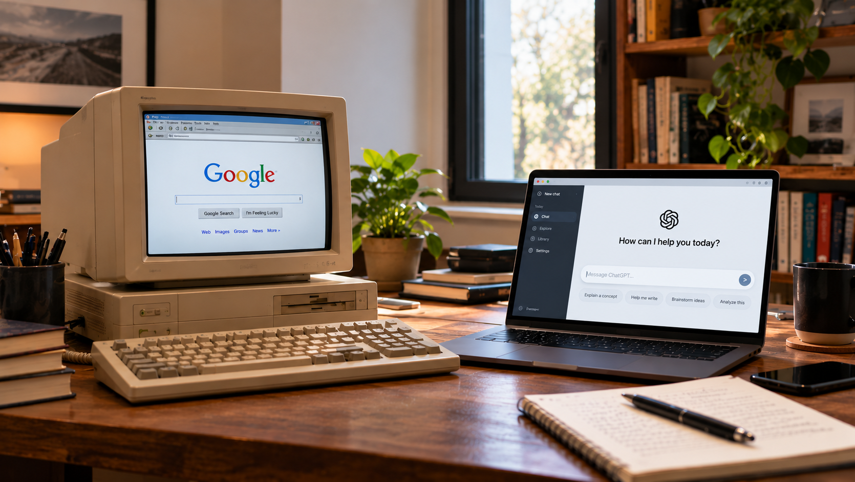 Old desktop computer showing Google Search beside a modern laptop with ChatGPT, illustrating the evolution from web search to conversational AI.
