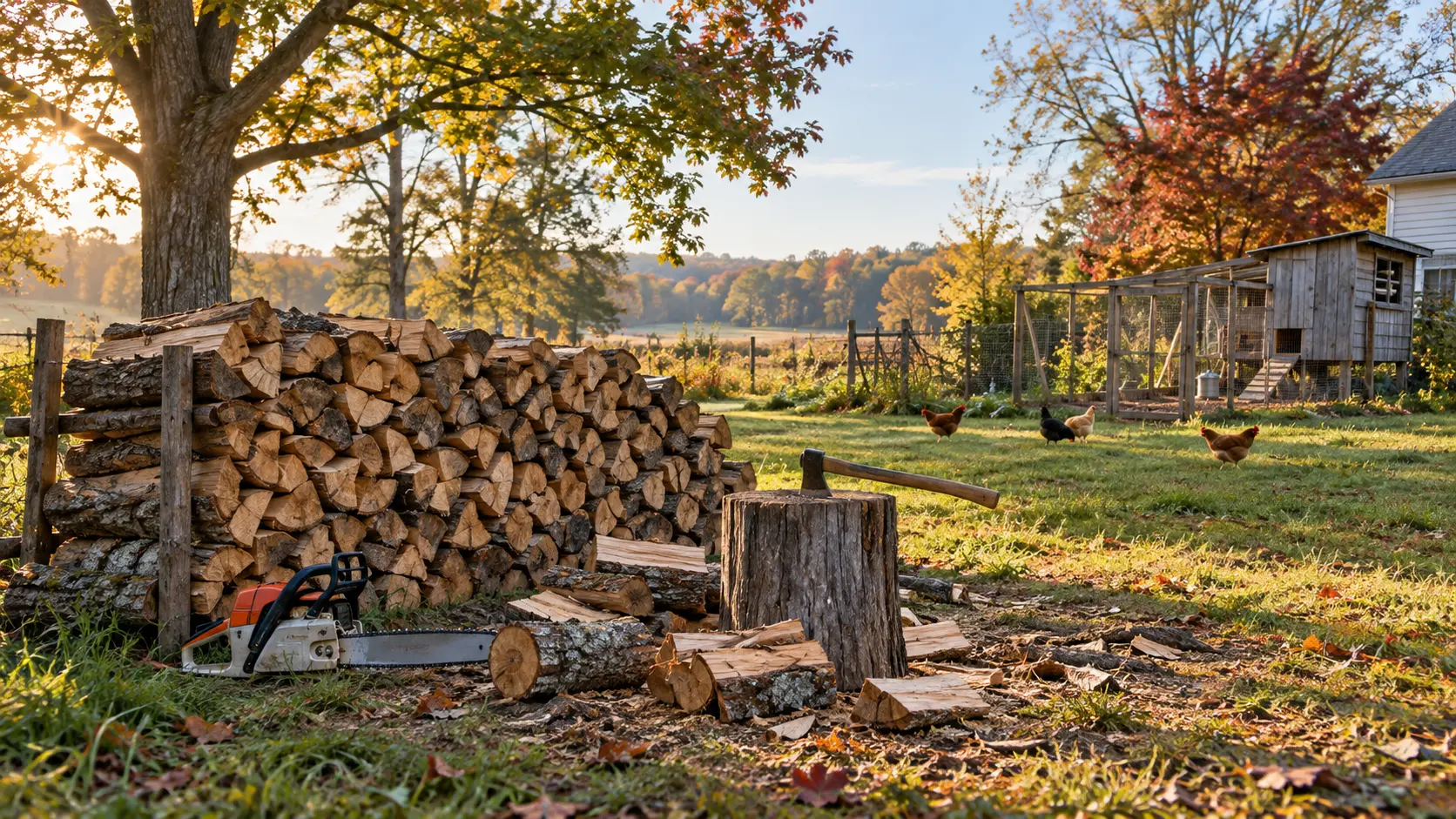 A stacked woodpile beside a chopping block and chainsaw on an early fall morning, with chickens and a hen house in the background.